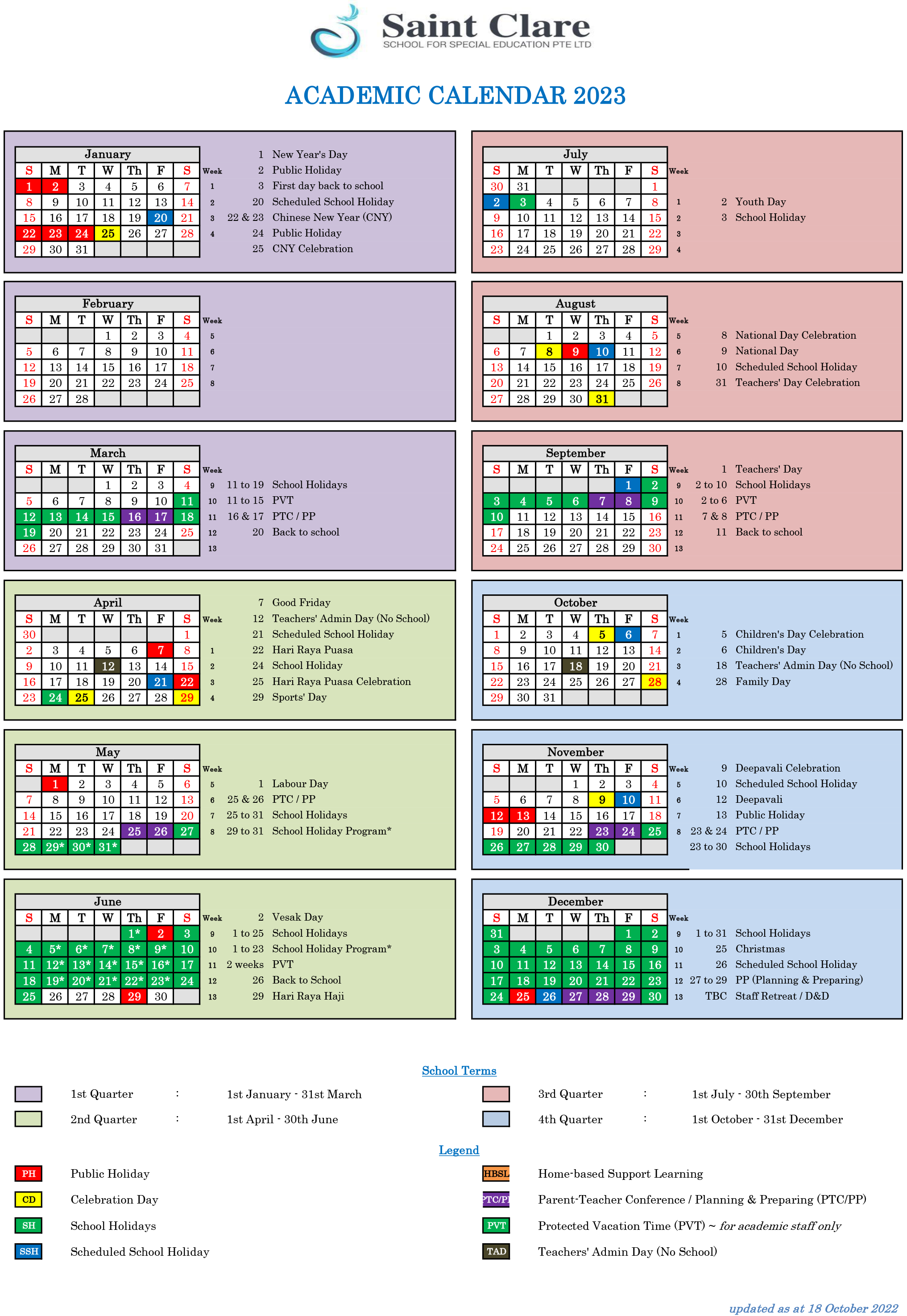 Academic Calendar Saint Clare